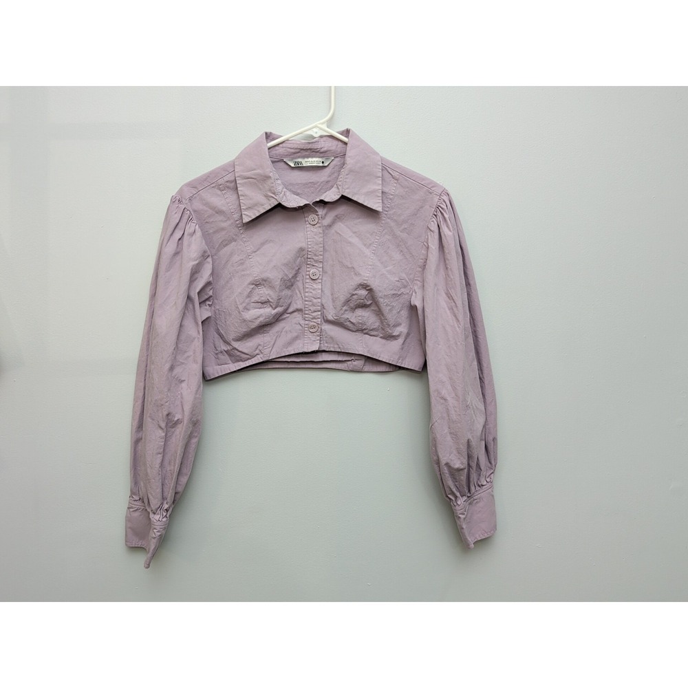 DR2 Zara Lilac Purple Cropped Button Up Shirt Sz XS Balloon Sleeves Fitted